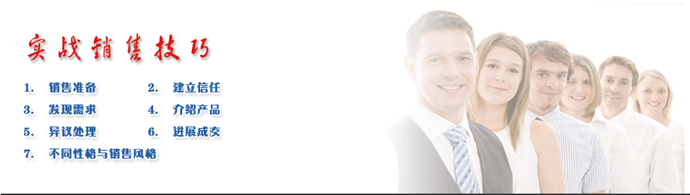 實(shí)戰(zhàn)銷售技巧
1.	銷售準(zhǔn)備
2. 	建立信任
3.	發(fā)現(xiàn)需求             
4.	介紹產(chǎn)品
5.	異議處理             
6.	進(jìn)展成交
7.	不同性格與銷售風(fēng)格